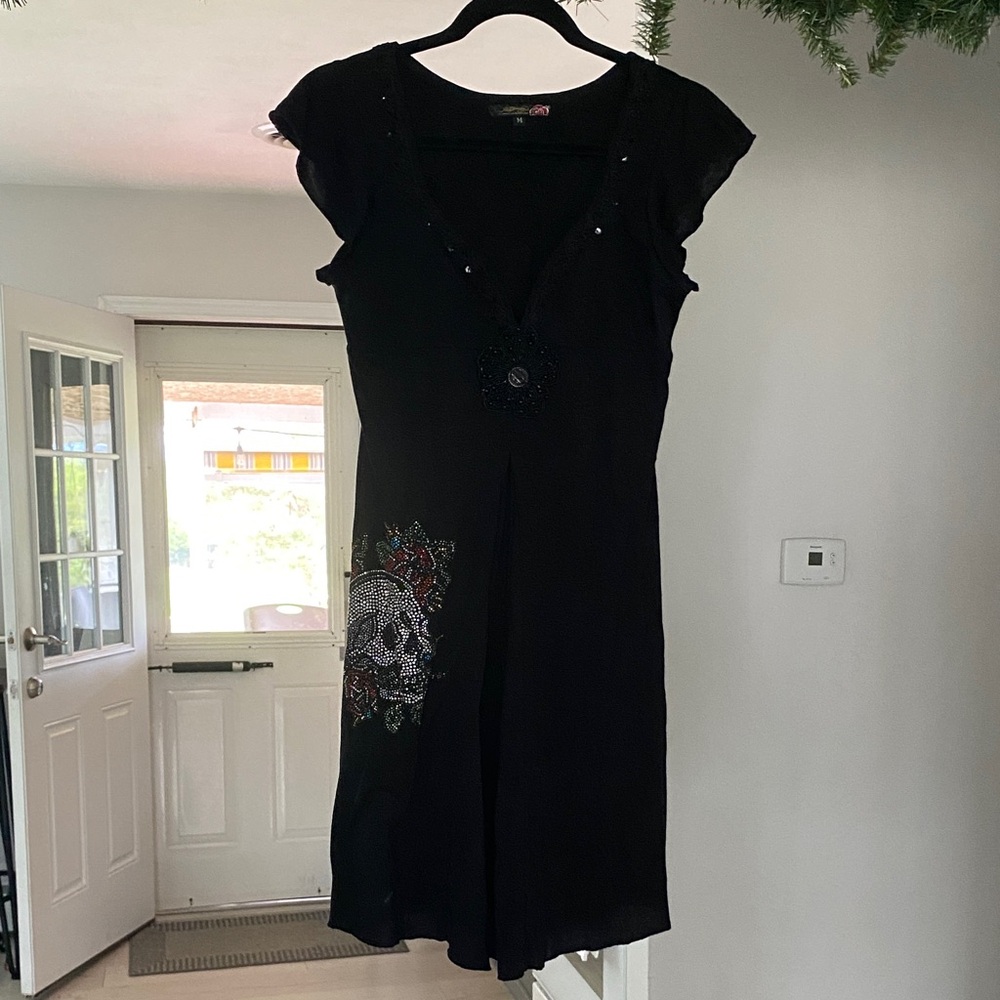 Christian Audigier Black Mini Dress with Skull Design